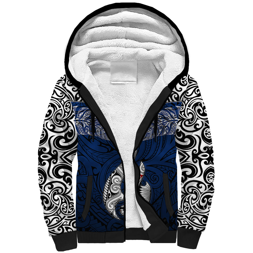 Aotearoa New Zealand Sherpa Hoodie Silver Fern and Matau with Maori Tribal Blue Style LT03 Unisex Blue - Polynesian Pride