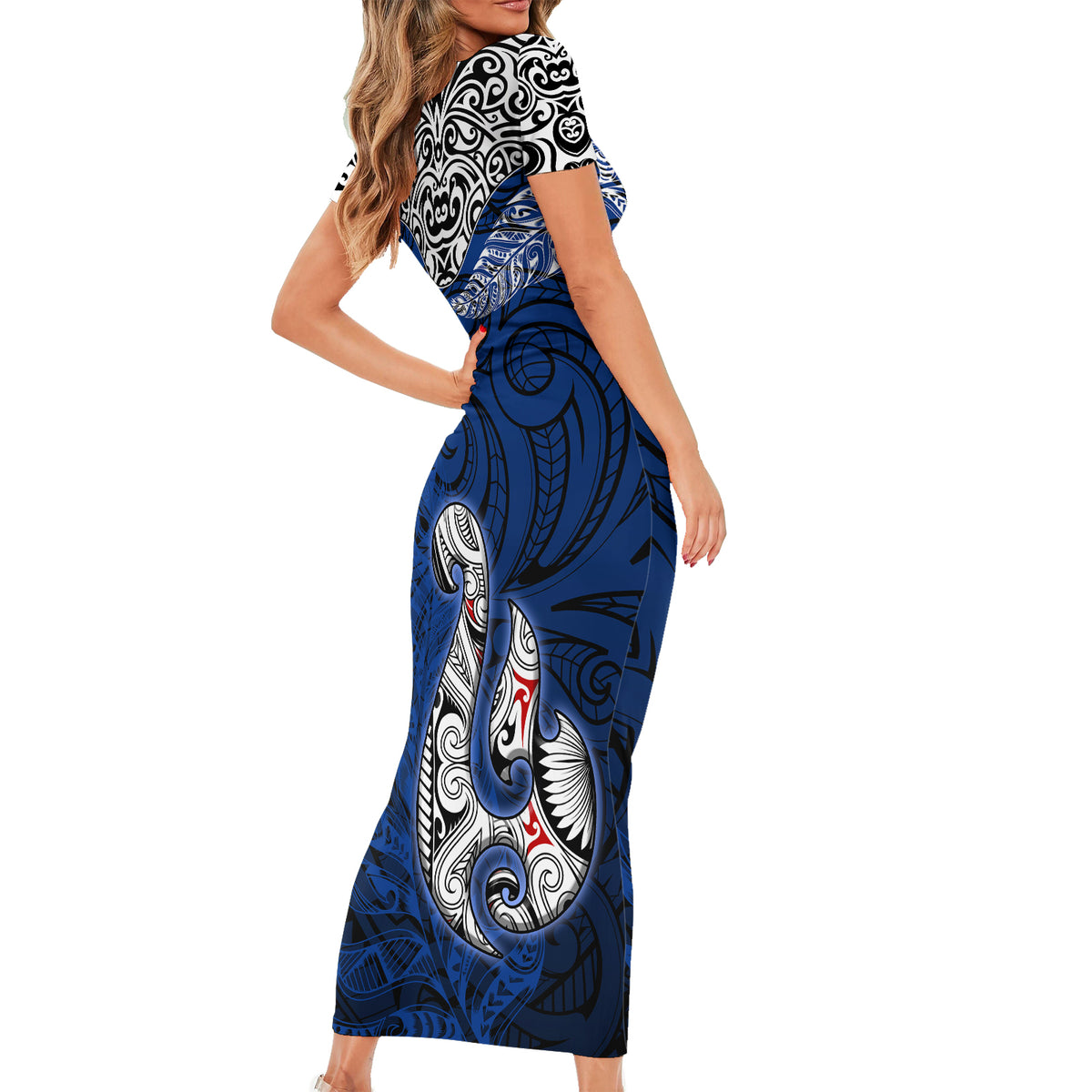 Aotearoa New Zealand Short Sleeve Bodycon Dress Silver Fern and Matau with Maori Tribal Blue Style LT03 - Polynesian Pride