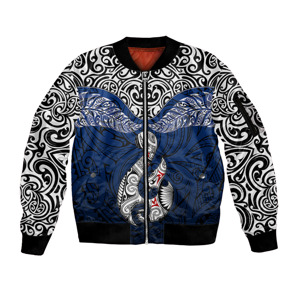 Aotearoa New Zealand Sleeve Zip Bomber Jacket Silver Fern and Matau with Maori Tribal Blue Style LT03 Unisex Blue - Polynesian Pride