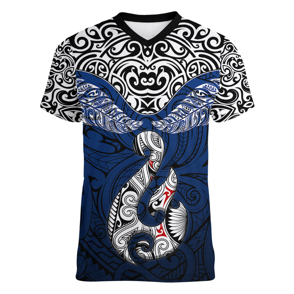 Aotearoa New Zealand Women V Neck T Shirt Silver Fern and Matau with Maori Tribal Blue Style LT03 Female Blue - Polynesian Pride