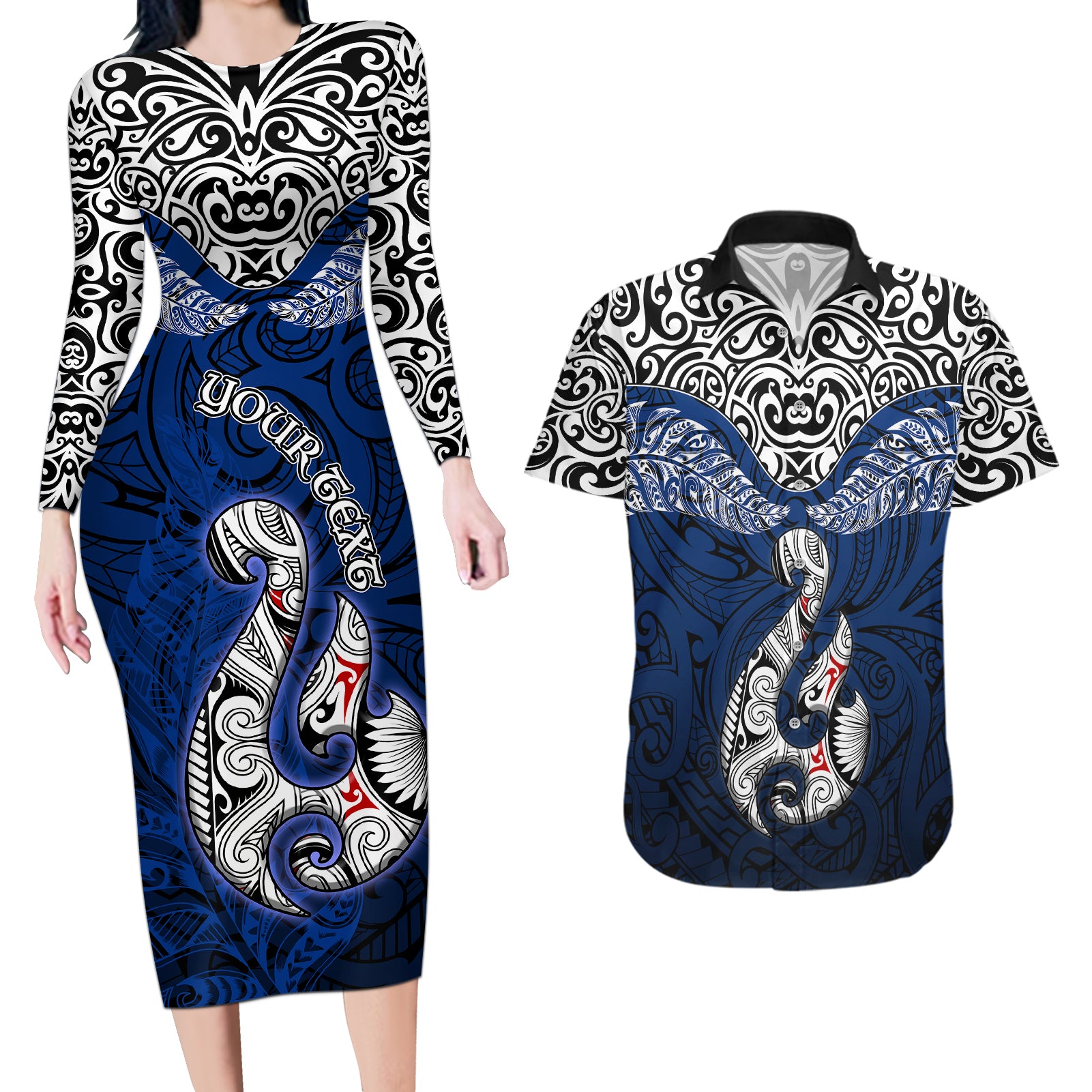 Custom Aotearoa New Zealand Couples Matching Long Sleeve Bodycon Dress and Hawaiian Shirt Silver Fern and Matau with Maori Tribal Blue Style LT03 Blue - Polynesian Pride