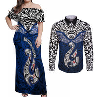 Custom Aotearoa New Zealand Couples Matching Off Shoulder Maxi Dress and Long Sleeve Button Shirts Silver Fern and Matau with Maori Tribal Blue Style LT03 Blue - Polynesian Pride