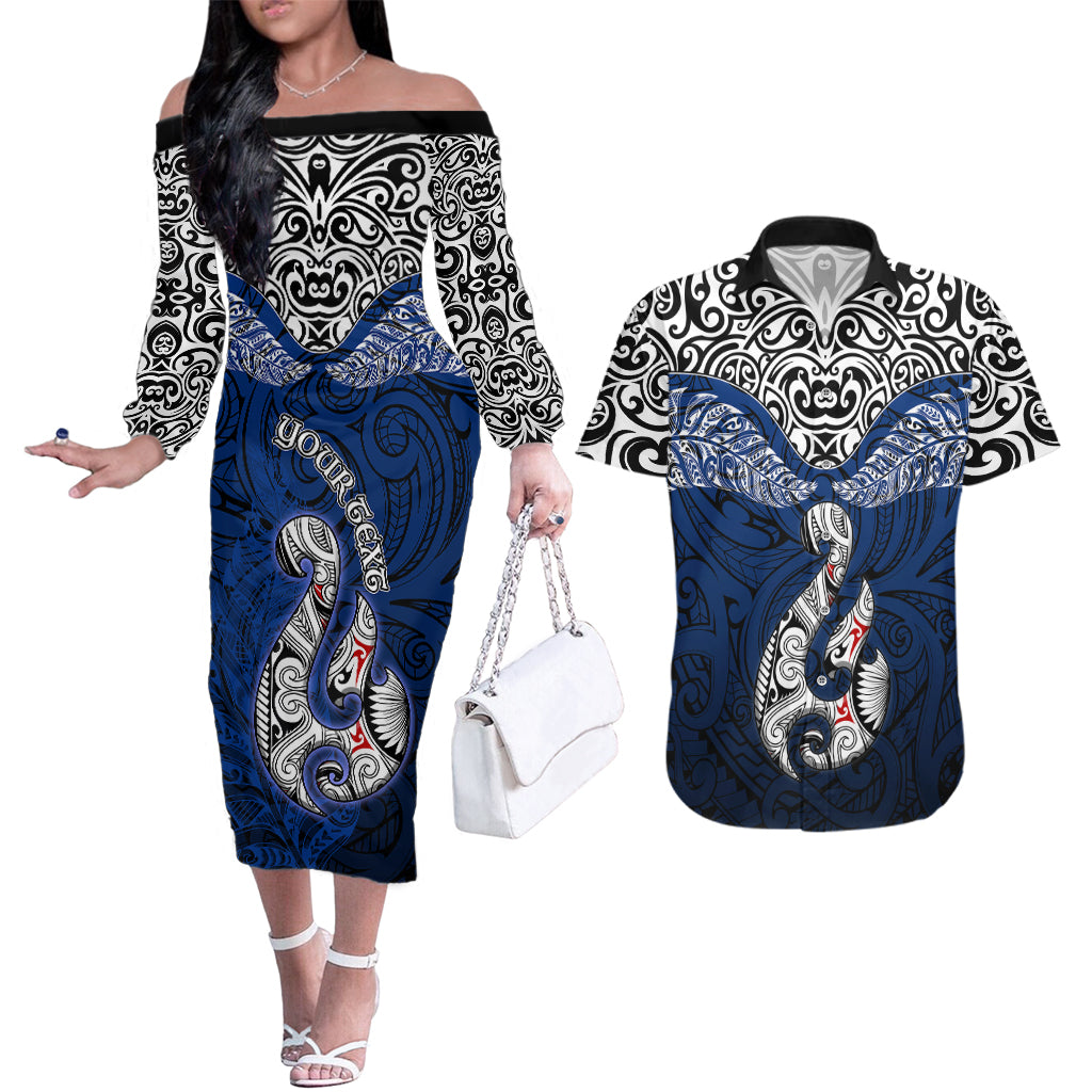 Custom Aotearoa New Zealand Couples Matching Off The Shoulder Long Sleeve Dress and Hawaiian Shirt Silver Fern and Matau with Maori Tribal Blue Style LT03 Blue - Polynesian Pride