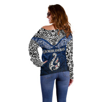 Custom Aotearoa New Zealand Off Shoulder Sweater Silver Fern and Matau with Maori Tribal Blue Style LT03 - Polynesian Pride