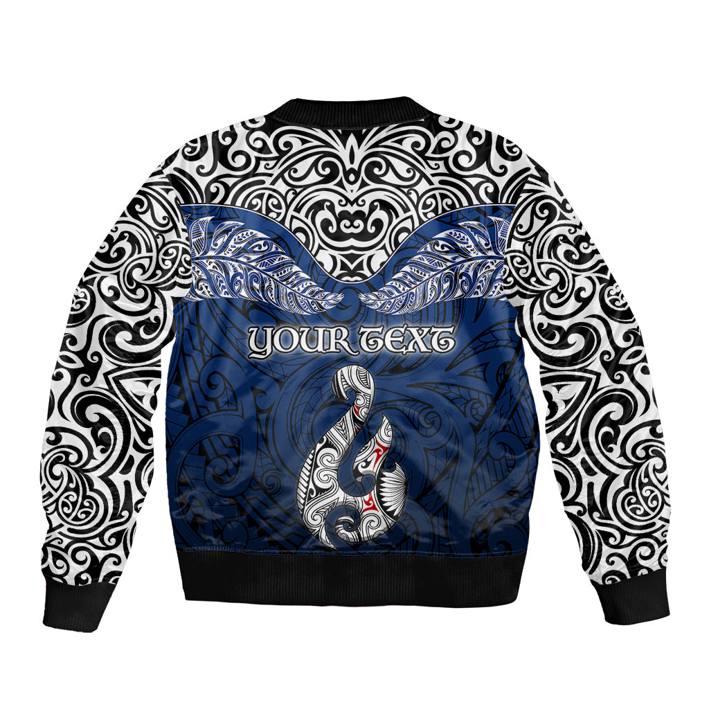 Custom Aotearoa New Zealand Sleeve Zip Bomber Jacket Silver Fern and Matau with Maori Tribal Blue Style LT03 - Polynesian Pride