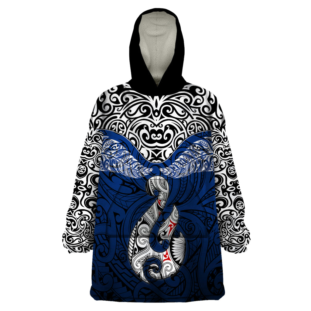 Custom Aotearoa New Zealand Wearable Blanket Hoodie Silver Fern and Matau with Maori Tribal Blue Style LT03 One Size Blue - Polynesian Pride