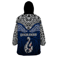 Custom Aotearoa New Zealand Wearable Blanket Hoodie Silver Fern and Matau with Maori Tribal Blue Style LT03 - Polynesian Pride
