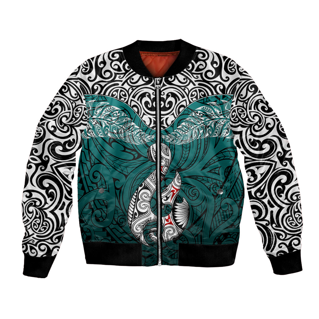 Aotearoa New Zealand Bomber Jacket Silver Fern and Matau with Maori Tribal Turquoise Style LT03 Unisex Turquoise - Polynesian Pride