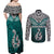 Aotearoa New Zealand Couples Matching Off Shoulder Maxi Dress and Long Sleeve Button Shirts Silver Fern and Matau with Maori Tribal Turquoise Style LT03 - Polynesian Pride