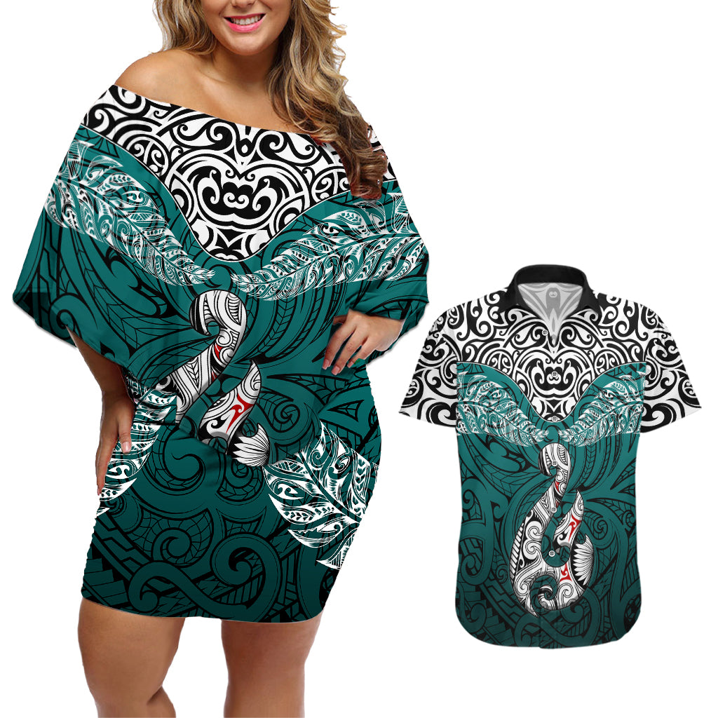 Aotearoa New Zealand Couples Matching Off Shoulder Short Dress and Hawaiian Shirt Silver Fern and Matau with Maori Tribal Turquoise Style LT03 Turquoise - Polynesian Pride