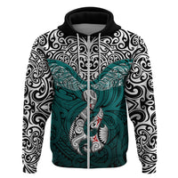 Aotearoa New Zealand Hoodie Silver Fern and Matau with Maori Tribal Turquoise Style LT03 Zip Hoodie Turquoise - Polynesian Pride
