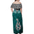 Aotearoa New Zealand Off Shoulder Maxi Dress Silver Fern and Matau with Maori Tribal Turquoise Style LT03 - Polynesian Pride