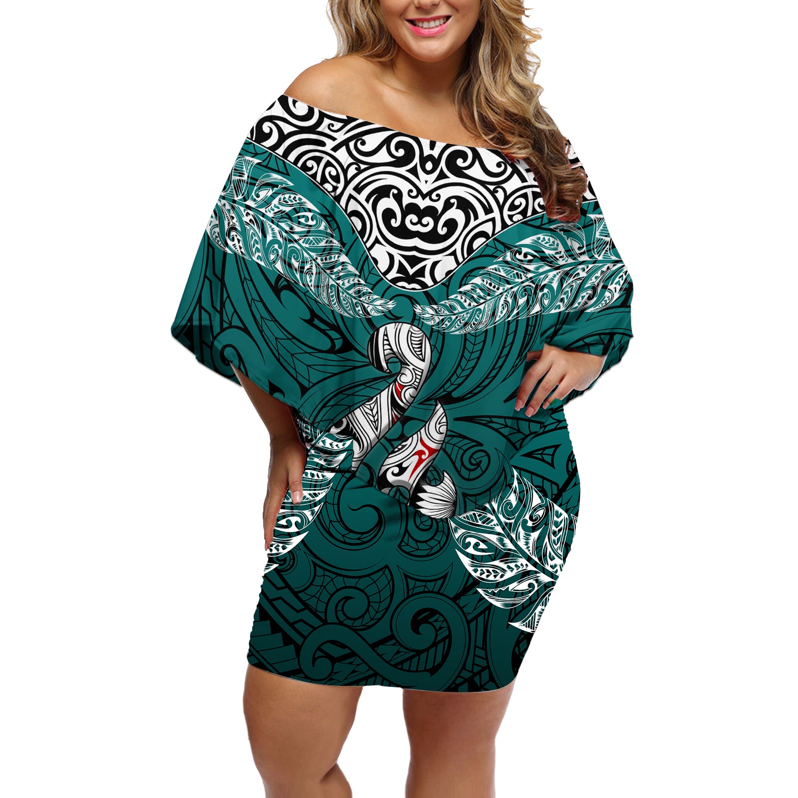 Aotearoa New Zealand Off Shoulder Short Dress Silver Fern and Matau with Maori Tribal Turquoise Style LT03 Women Turquoise - Polynesian Pride