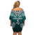 Aotearoa New Zealand Off Shoulder Short Dress Silver Fern and Matau with Maori Tribal Turquoise Style LT03 - Polynesian Pride