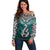 Aotearoa New Zealand Off Shoulder Sweater Silver Fern and Matau with Maori Tribal Turquoise Style LT03 Women Turquoise - Polynesian Pride