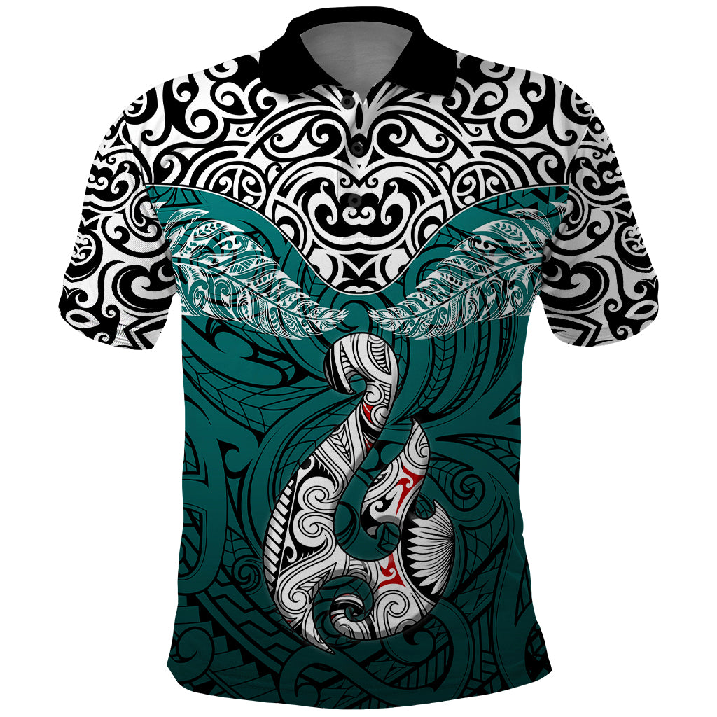 Aotearoa New Zealand Polo Shirt Silver Fern and Matau with Maori Tribal Turquoise Style LT03 Turquoise - Polynesian Pride