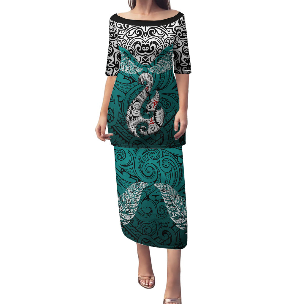 Aotearoa New Zealand Puletasi Silver Fern and Matau with Maori Tribal Turquoise Style LT03 Long Dress Turquoise - Polynesian Pride