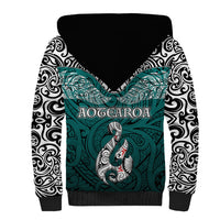 Aotearoa New Zealand Sherpa Hoodie Silver Fern and Matau with Maori Tribal Turquoise Style LT03 - Polynesian Pride