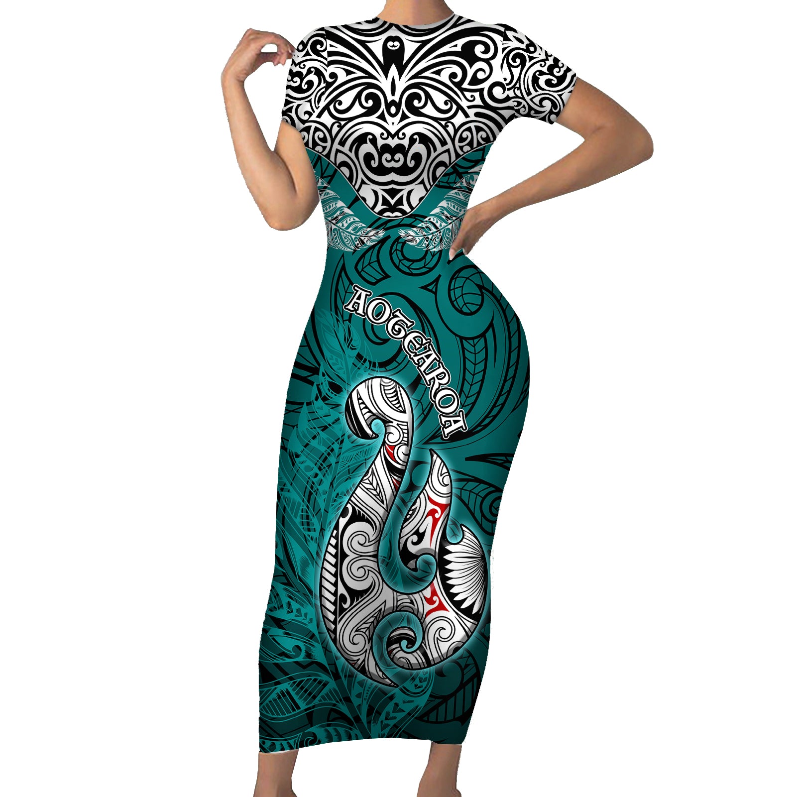 Aotearoa New Zealand Short Sleeve Bodycon Dress Silver Fern and Matau with Maori Tribal Turquoise Style LT03 Long Dress Turquoise - Polynesian Pride