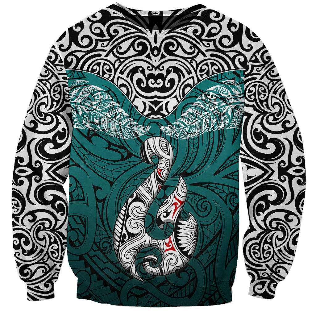 Aotearoa New Zealand Sweatshirt Silver Fern and Matau with Maori Tribal Turquoise Style LT03 Unisex Turquoise - Polynesian Pride