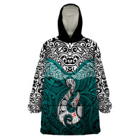 Aotearoa New Zealand Wearable Blanket Hoodie Silver Fern and Matau with Maori Tribal Turquoise Style LT03 One Size Turquoise - Polynesian Pride