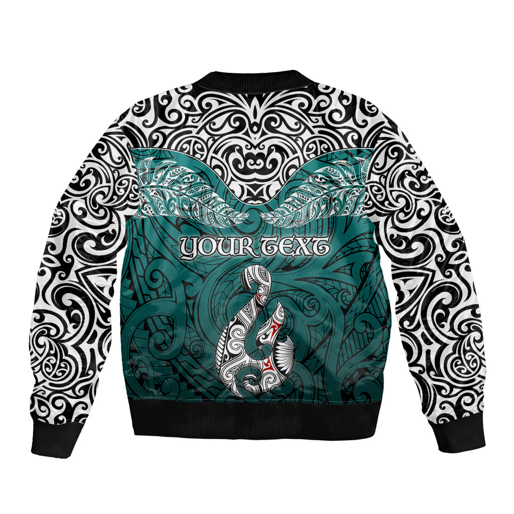 Custom Aotearoa New Zealand Bomber Jacket Silver Fern and Matau with Maori Tribal Turquoise Style LT03 - Polynesian Pride