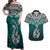 Custom Aotearoa New Zealand Couples Matching Off Shoulder Maxi Dress and Hawaiian Shirt Silver Fern and Matau with Maori Tribal Turquoise Style LT03 Turquoise - Polynesian Pride