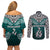 Custom Aotearoa New Zealand Couples Matching Off Shoulder Short Dress and Long Sleeve Button Shirts Silver Fern and Matau with Maori Tribal Turquoise Style LT03 - Polynesian Pride