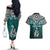 Custom Aotearoa New Zealand Couples Matching Off The Shoulder Long Sleeve Dress and Hawaiian Shirt Silver Fern and Matau with Maori Tribal Turquoise Style LT03 - Polynesian Pride