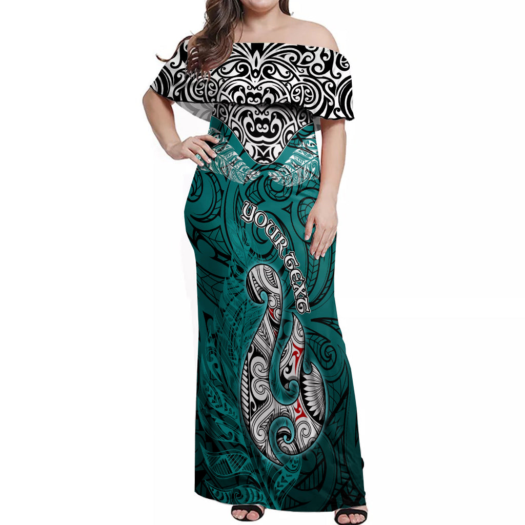 Custom Aotearoa New Zealand Off Shoulder Maxi Dress Silver Fern and Matau with Maori Tribal Turquoise Style LT03 Women Turquoise - Polynesian Pride