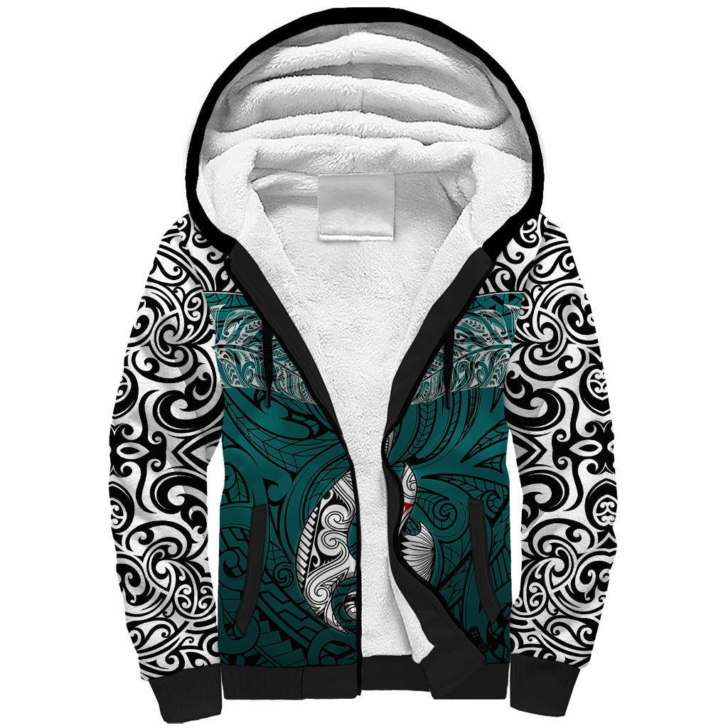 Custom Aotearoa New Zealand Sherpa Hoodie Silver Fern and Matau with Maori Tribal Turquoise Style LT03 Unisex Turquoise - Polynesian Pride