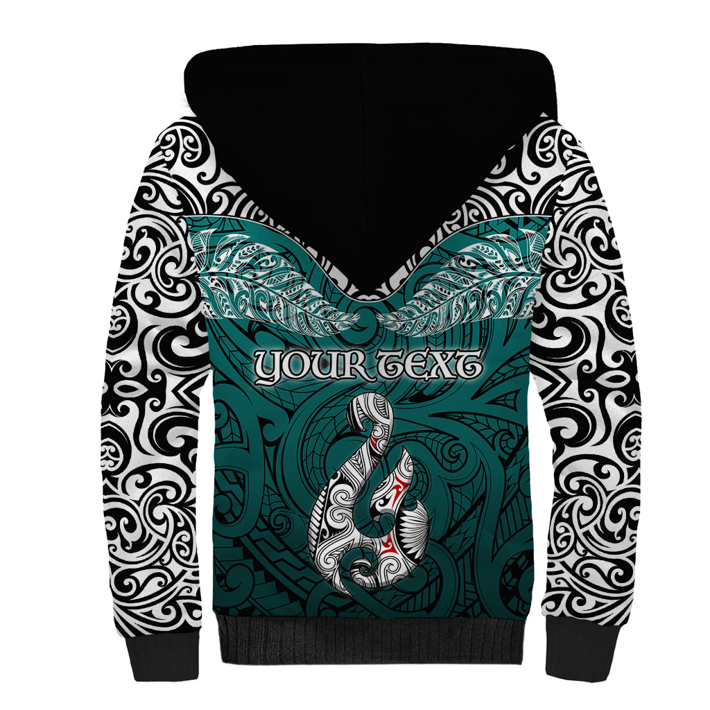Custom Aotearoa New Zealand Sherpa Hoodie Silver Fern and Matau with Maori Tribal Turquoise Style LT03 - Polynesian Pride