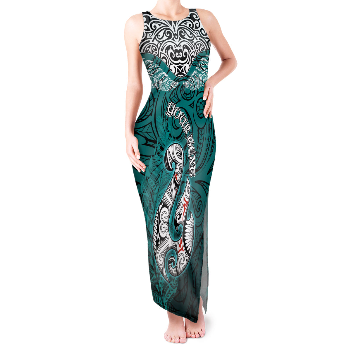 Custom Aotearoa New Zealand Tank Maxi Dress Silver Fern and Matau with Maori Tribal Turquoise Style LT03 Women Turquoise - Polynesian Pride