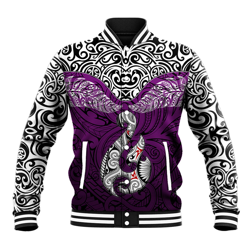 Aotearoa New Zealand Baseball Jacket Silver Fern and Matau with Maori Tribal Pink Style LT03 Unisex Pink - Polynesian Pride