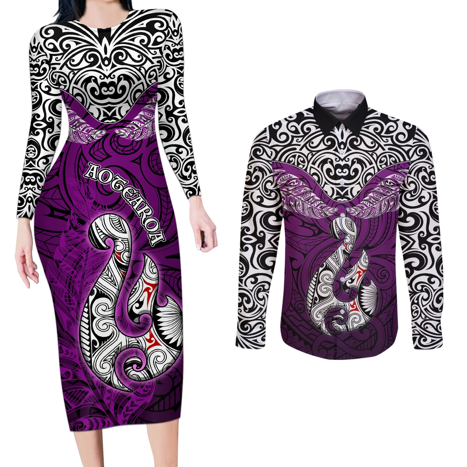 Aotearoa New Zealand Couples Matching Long Sleeve Bodycon Dress and Long Sleeve Button Shirts Silver Fern and Matau with Maori Tribal Pink Style LT03 Pink - Polynesian Pride