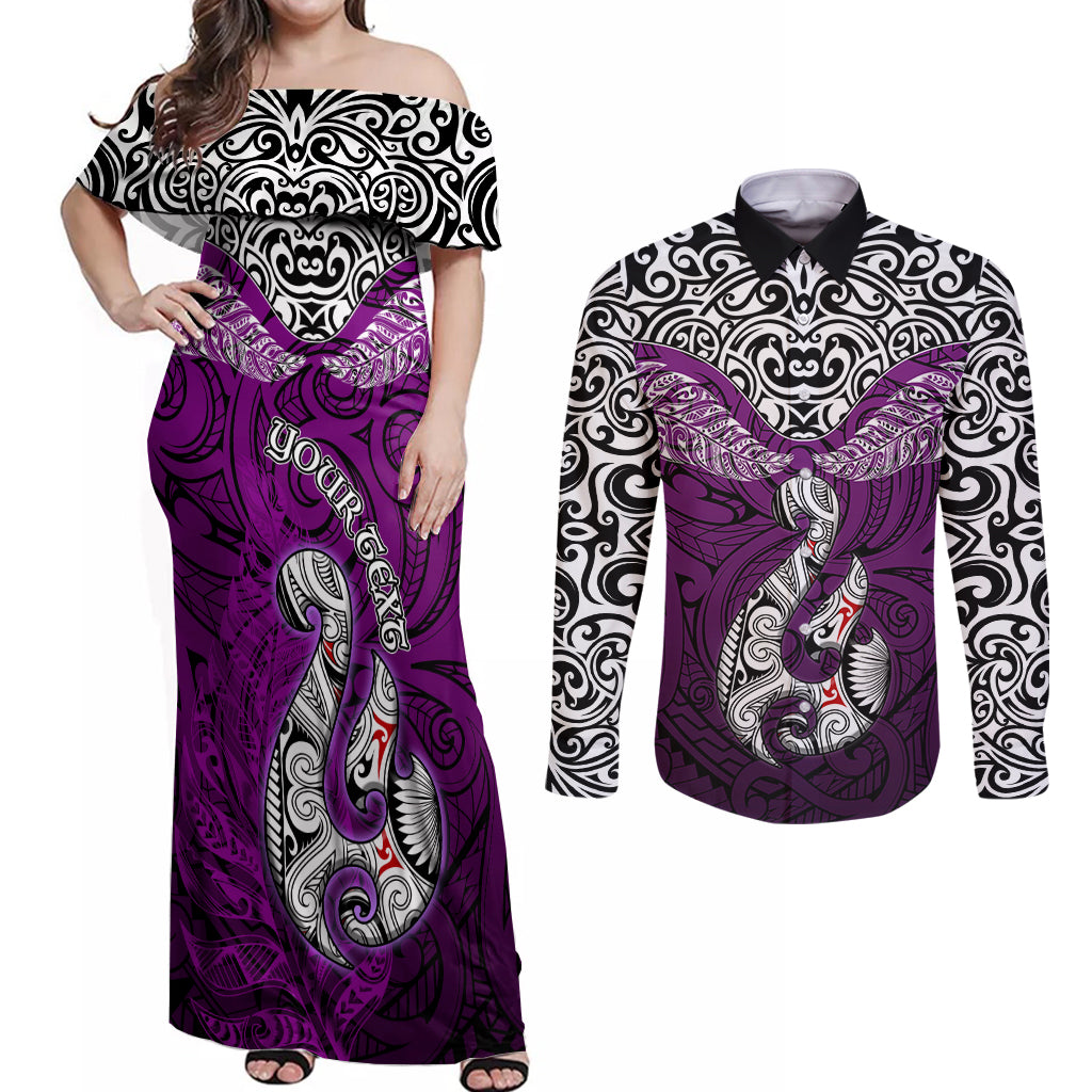 Custom Aotearoa New Zealand Couples Matching Off Shoulder Maxi Dress and Long Sleeve Button Shirts Silver Fern and Matau with Maori Tribal Pink Style LT03 Pink - Polynesian Pride