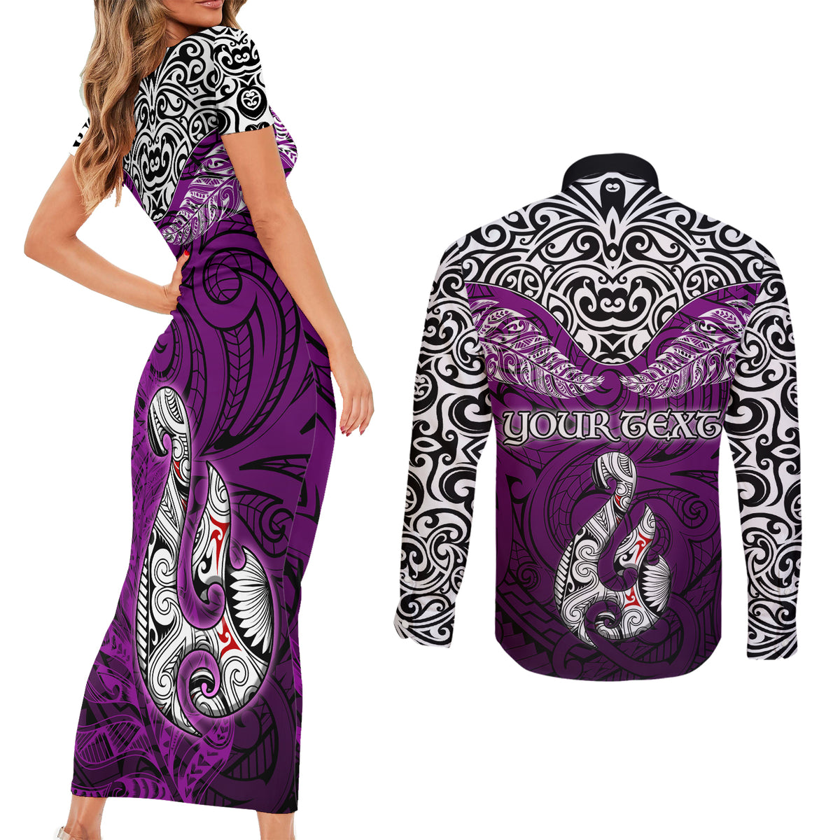 Custom Aotearoa New Zealand Couples Matching Short Sleeve Bodycon Dress and Long Sleeve Button Shirts Silver Fern and Matau with Maori Tribal Pink Style LT03 - Polynesian Pride