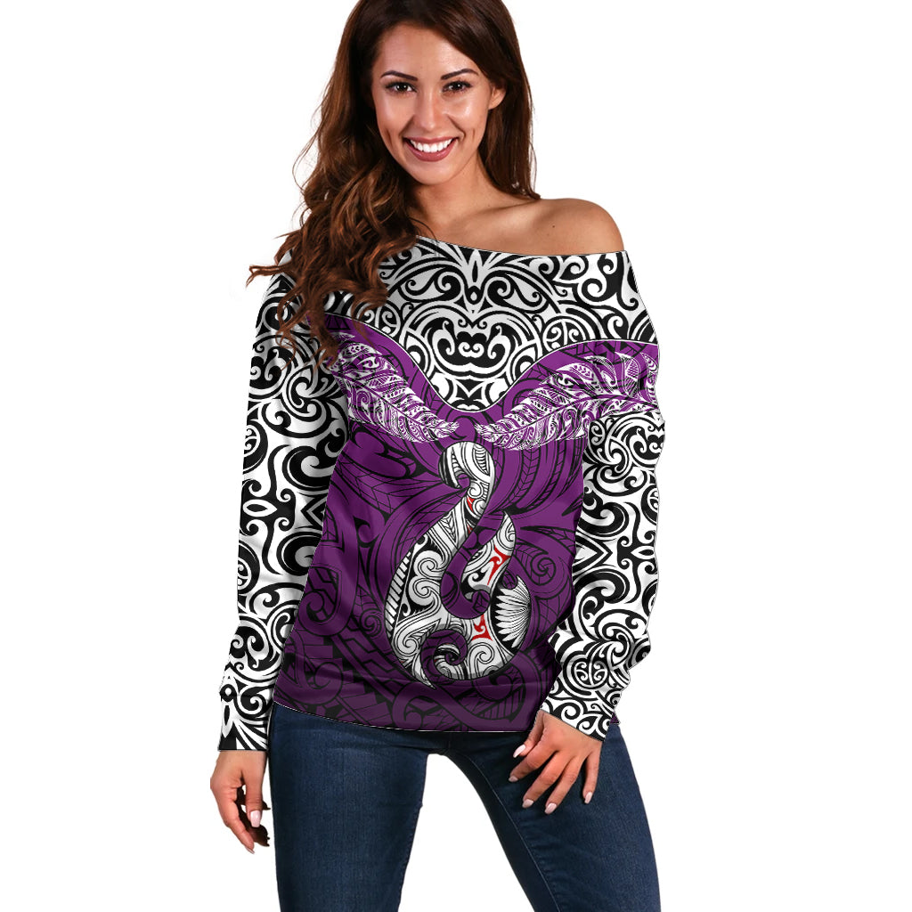 Custom Aotearoa New Zealand Off Shoulder Sweater Silver Fern and Matau with Maori Tribal Pink Style LT03 Women Pink - Polynesian Pride