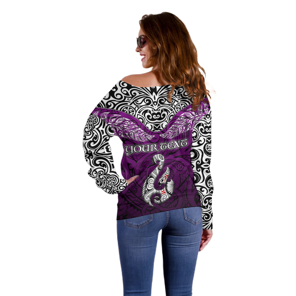 Custom Aotearoa New Zealand Off Shoulder Sweater Silver Fern and Matau with Maori Tribal Pink Style LT03 - Polynesian Pride
