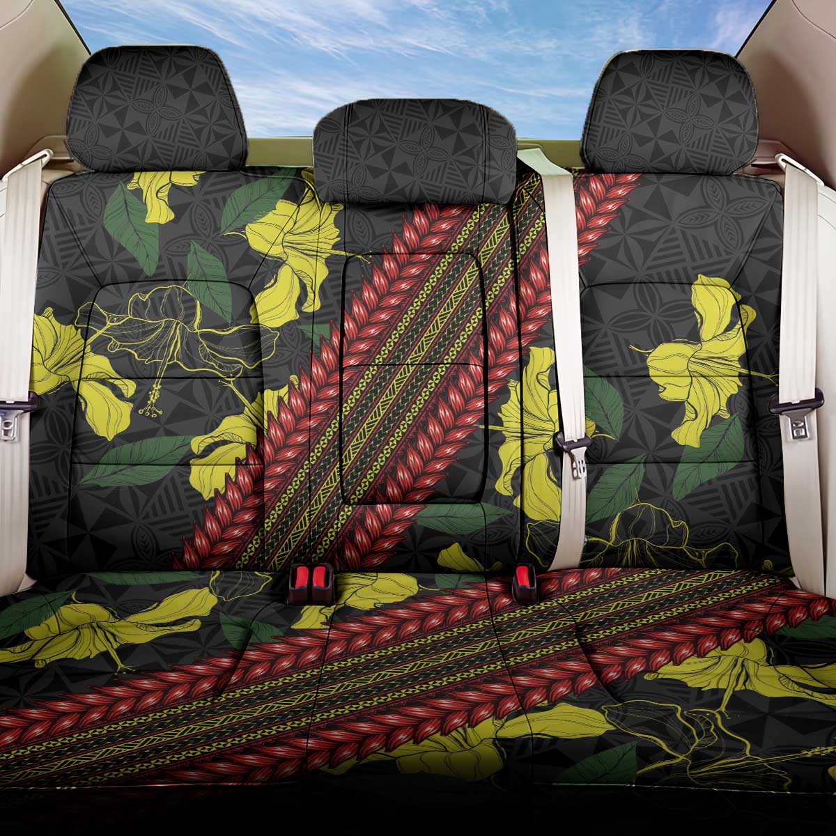 Samoan Culture Back Car Seat Cover Hibiscus and Ula Fala with Tapa Pattern Black Color