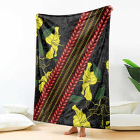 Samoan Culture Blanket Hibiscus and Ula Fala with Tapa Pattern Black Color