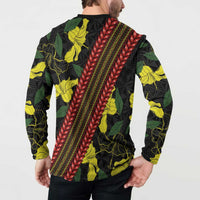 Samoan Culture Button Sweatshirt Hibiscus and Ula Fala with Tapa Pattern Black Color