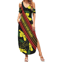 Samoan Culture Family Matching Summer Maxi Dress and Hawaiian Shirt Hibiscus and Ula Fala with Tapa Pattern Black Color