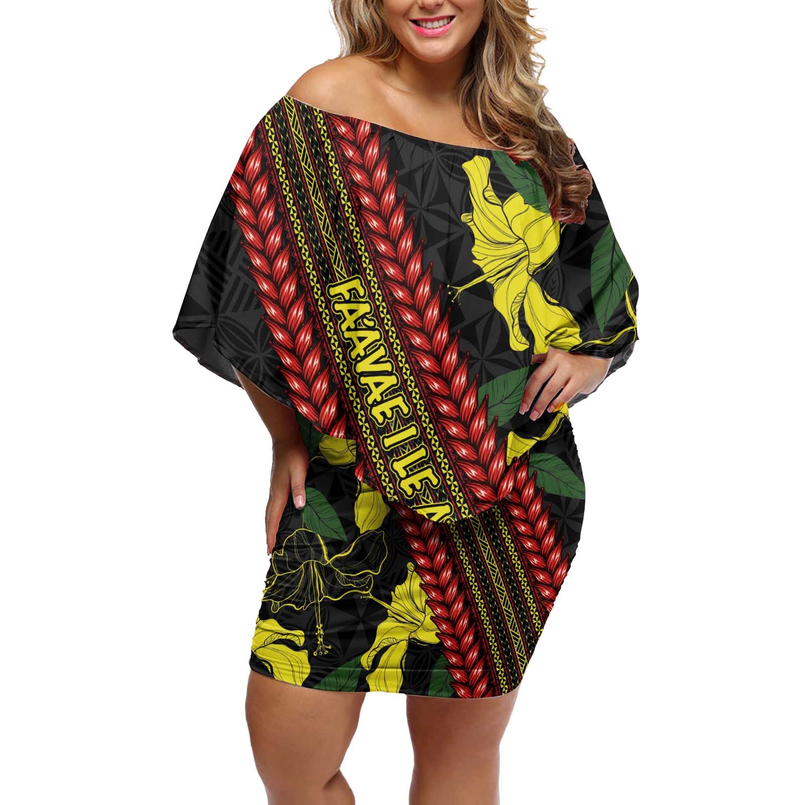 Samoan Culture Off Shoulder Short Dress Hibiscus and Ula Fala with Tapa Pattern Black Color