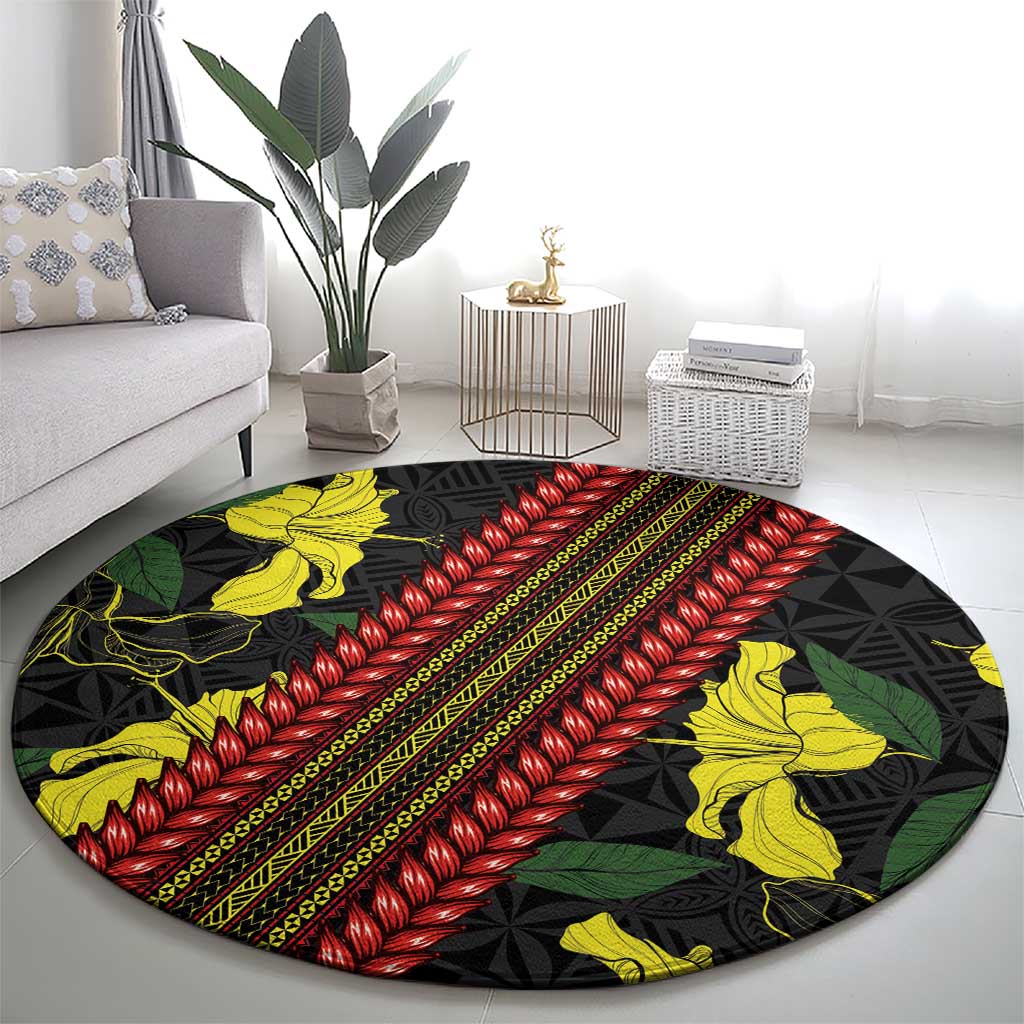 Samoan Culture Round Carpet Hibiscus and Ula Fala with Tapa Pattern Black Color