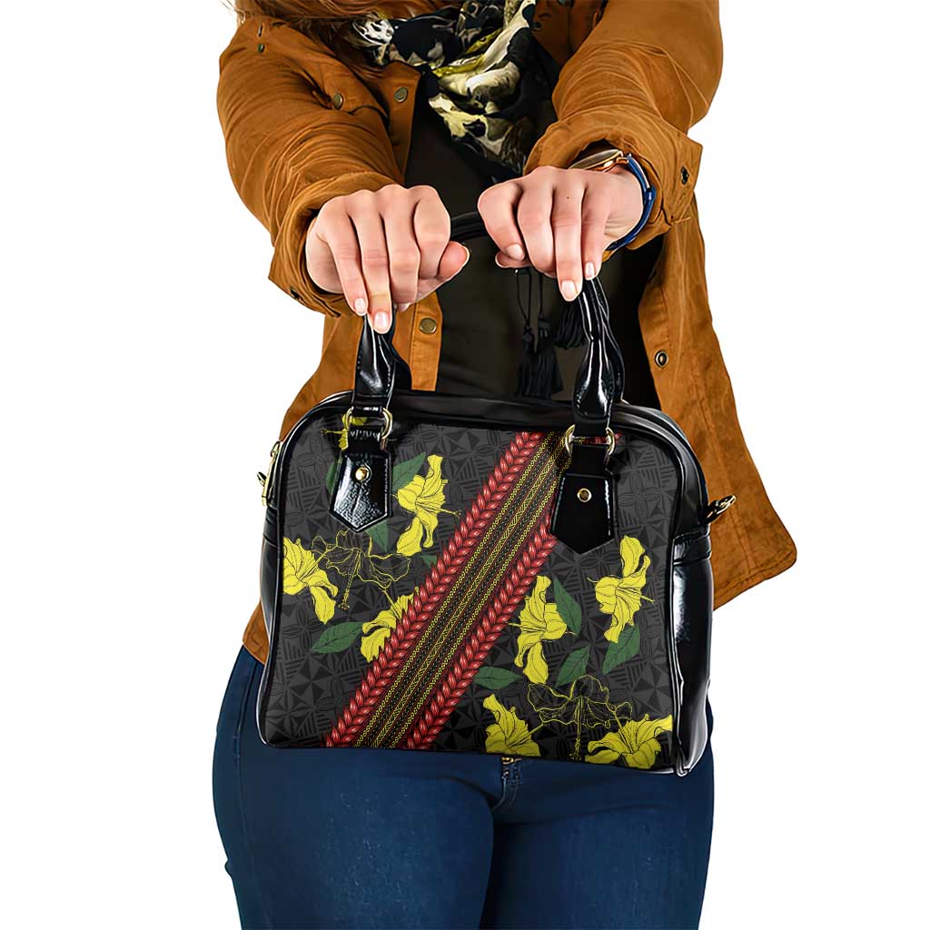 Samoan Culture Shoulder Handbag Hibiscus and Ula Fala with Tapa Pattern Black Color LT03 One Size Black - Polynesian Pride