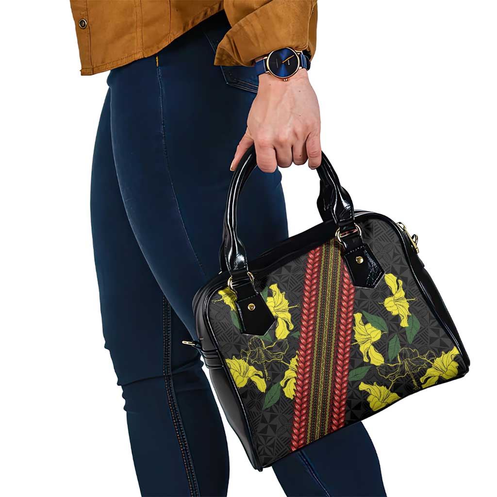 Samoan Culture Shoulder Handbag Hibiscus and Ula Fala with Tapa Pattern Black Color LT03 - Polynesian Pride