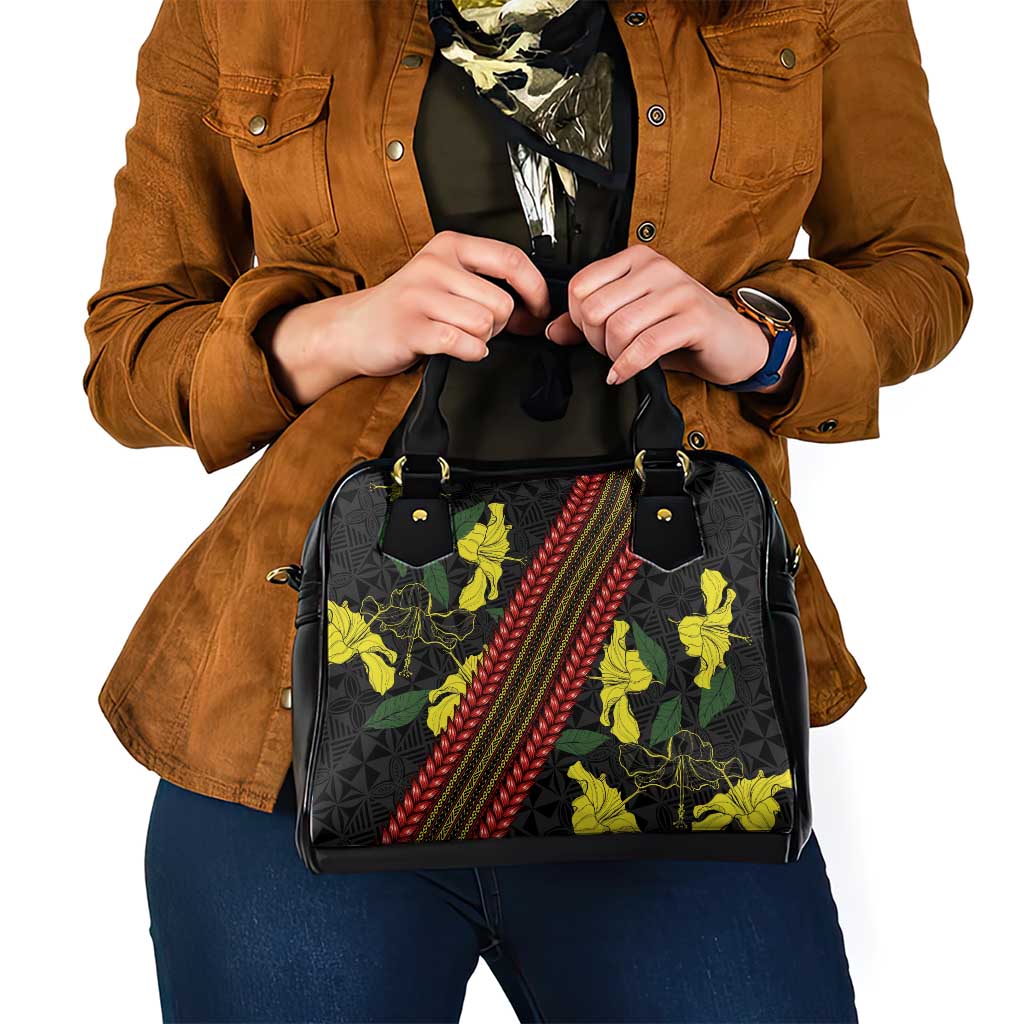 Samoan Culture Shoulder Handbag Hibiscus and Ula Fala with Tapa Pattern Black Color LT03 - Polynesian Pride