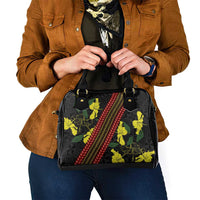 Samoan Culture Shoulder Handbag Hibiscus and Ula Fala with Tapa Pattern Black Color LT03 - Polynesian Pride