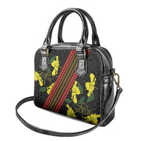 Samoan Culture Shoulder Handbag Hibiscus and Ula Fala with Tapa Pattern Black Color LT03 - Polynesian Pride